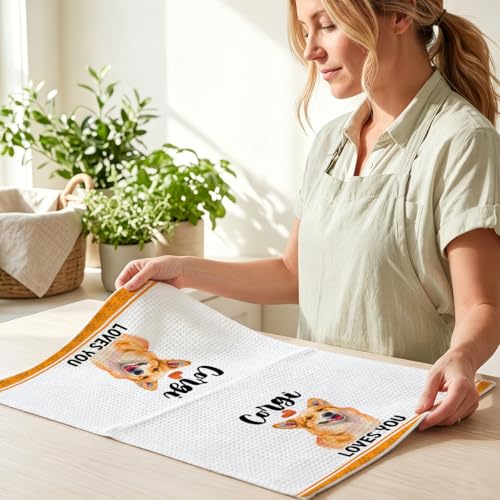 Image of 4 Pcs Funny Corgi Kitchen Towels 24x14 Inch, Corgis Decorative Waffle Weave Dish Towels, Dog Hand Tea Towels for kitchen Home Farmhouse Bathroom Decor, Corgi Gifts for Women Mom Friend Grandma