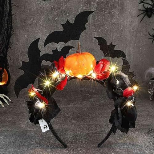 Evlry LED-Halloween-Blumenkrone, Stirnband, beleuchtet, Kürbis-Kopfschmuck, Tag der Toten, Kopfbedeckung, schwarze Fledermäuse, Kranz, Haargirlande für Frauen