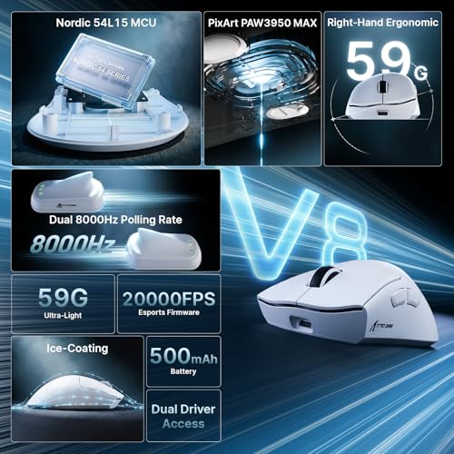 Image of ATTACK SHARK V8 8K Wireless Gaming Mouse Whit 42000 DPI-PAW3950 MAX Sensor-59g Lightweight-Nordic54L15 MCU-400h Battery Life, Triple Modes,Gaming Accessories for PC /Laptop /Mac (White)