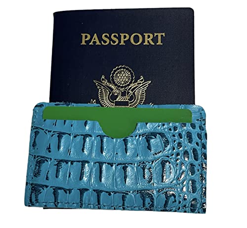 Real Leather Credit Card Holder - Handmade 100% Genuine Cow Leather Business Card Case Embossed Reptile Pattern - Turquoise Caiman3