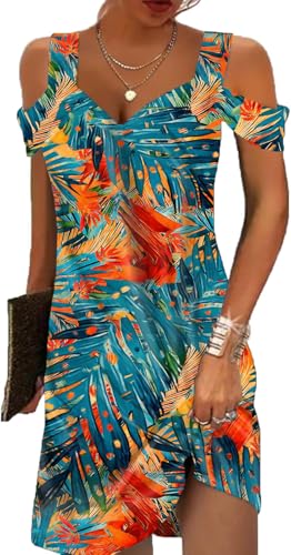 Image of Summer Dresses for Women 2026 Cold Shoulder V Neck Vintage Print A-Line Dress Beach Vacation Boho Mini Sundress