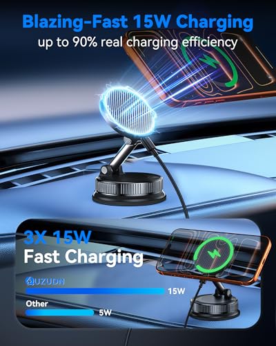 Image of 15W MagSafe Car Mount Charger, Magnetic Wireless Car Charger with Vacuum Suction Cup & Nano Adhesive Base, 360 Rotatable Strong Hold Car Phone Mount for iPhone 17 16 15 14 13 12 Series, Samsung S26