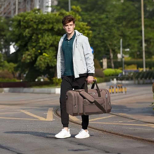 Image of Wolhbege Duffle Bag for Travel,Mens Travel Bag & Carry On Bag for Men with Expandable Design and Luggage Sleeve -Duffel Bag for Gym, Weekender, Overnight Trips, Brown, 20.5 x 11.5 x 10 inches