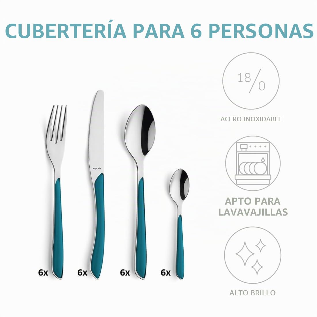Kuppels Juego de cubiertos Prisma para 6 personas de acero inoxidable pulido, 24 piezas, mango de plástico en petróleo, inoxidable, cubiertos para 6 personas, apto para lavavajillas | Mango de plástico pulido, acero inoxidable, apto para lavavajillas, ele