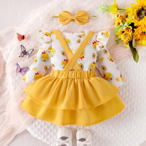 Baby Girl Clothes Fall Winter Outfits Cute Print Infant Romper Suspender Skirt with Headband 3pc Set 0-24 Months3