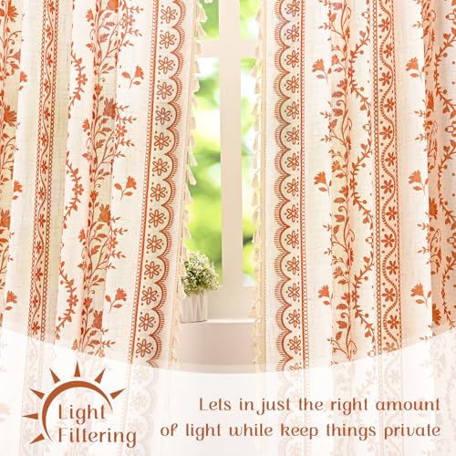 Image of Yinhua Boho Curtains for Living Room 84 Inch Length Vintage Linen Curtains for Bedroom Light Filtering Floral Window Curtain Rod Pocket & Back Tabs Rustic Tassel Drapes with Tiebacks, White Orange