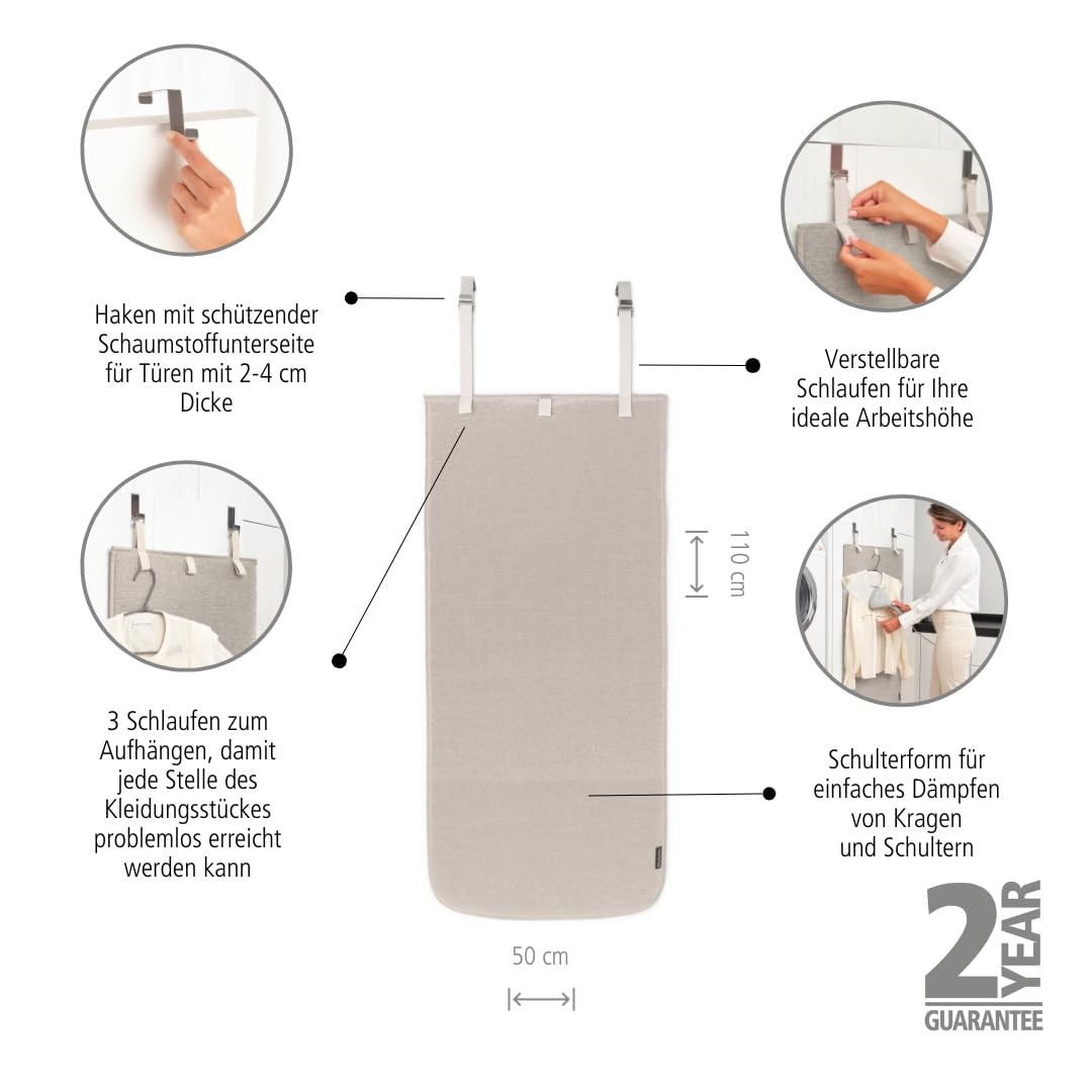 Brabantia - Türdampfdecke - Hitzebeständige Decke zum Dämpfen von Kleidung - Über Türhaken, Rückschutzschicht, Schlaufen für Kleiderbügel - Einfaches Dämpfen mit Handdampfern - 110 cm x 50 cm - Grau
