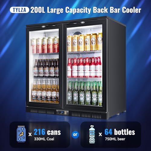 Image of Tylza Back Bar Cooler With 2 Glass Doors, 200L Under Counter Back Bar Refrigerator with LED Lighting, Safety Locks, Counter Height Bar Beverage Cooler for Beer, Soda Drinks, Wine, Black
