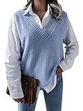 Shownicer Damen V-Ausschnitt Stricken Weste Pullunder Ärmellos Strick Casual Pullunder Strickweste Geometrie Einfarbig Casual Strick Tank Top Business Sweater Freizeit Ärmelloser Pullunder D Blau M