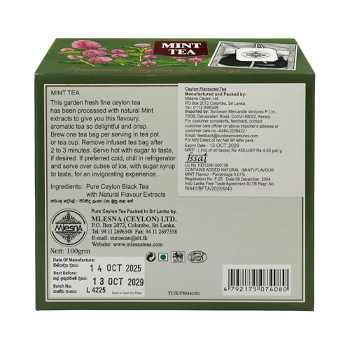 Image of Mlesna Mint Black Tea 100g | 50 Foil-Wrapped Tea Bags | Pure Ceylon Black Tea | Rich in Antioxidants | Imported from Sri Lanka