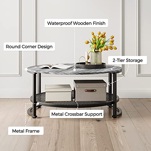Linsy Home Round Coffee Table Set Of 2, Coffee Table And End Table Set For Living Room, Grey Coffee Table With Open Storage,Wood Surface Top & Sturdy Metal Legs Large Circle Coffee Table For Industrial Or Modern Design Home #TOP7