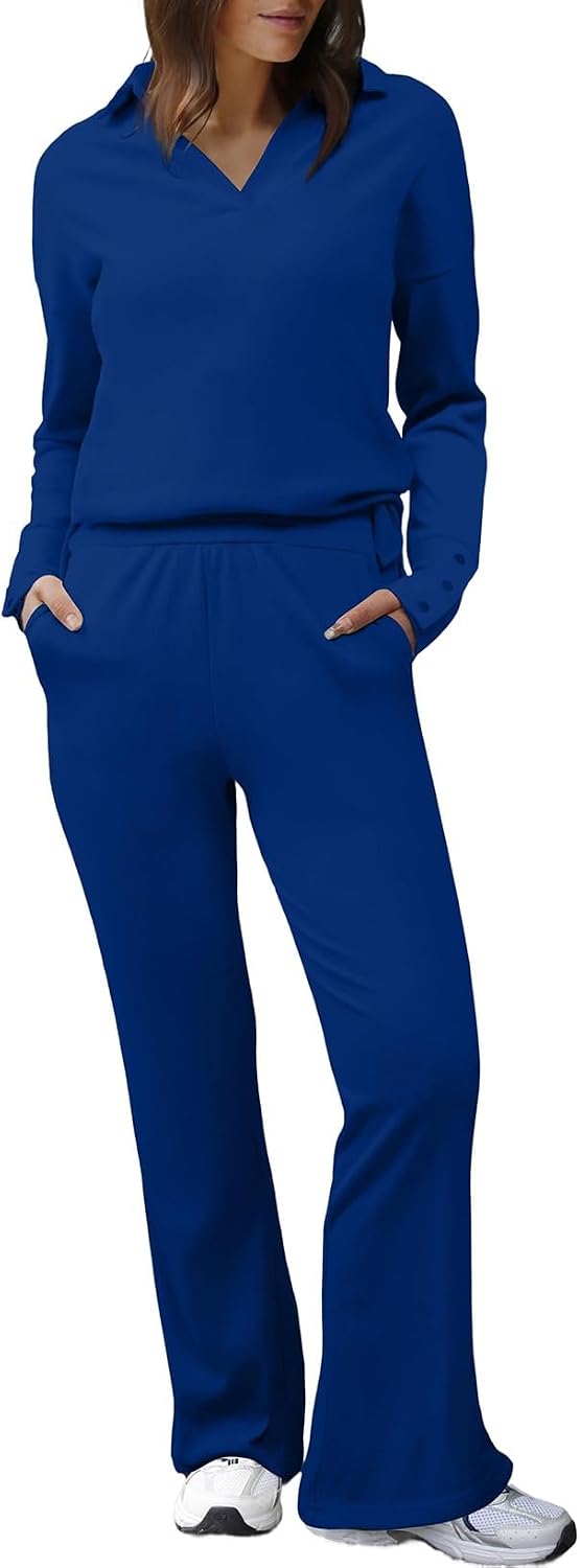 Herseas Women Sweater Set 2 Piece Outfits 2025 Long Sleeve Knit Lapel V Neck Tops High Waist Wide Leg Pants Lounge Sets
