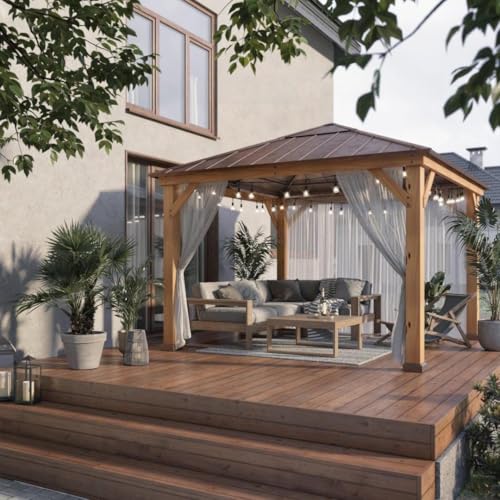 SUNJOY Tonnelle Bois Hardtop 336x336 cm, Structure en Cèdre Naturel, Toit Acier et Lanterneau Polycarbonate, Pavillon Extérieur Permanent, Résistance Neige...