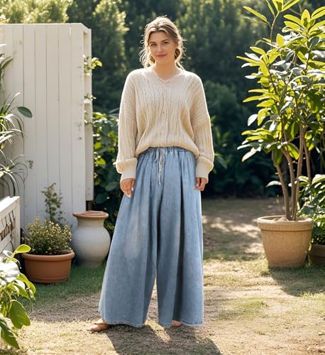 Women's Wide Leg Baggy Jeans Plus Size Loose Elastic Waist Denim Pants with Deep Pockets Light Blue2