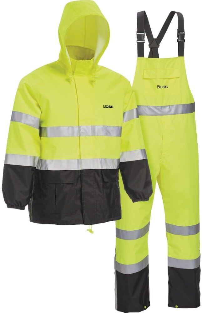 Boss Unisex High Visability ANSI Class III Rain Suit Jacket and Bib with Color Block, High Visability, Water Resistant, and Reflective 3M Tape, Yellow, Black, Large (B44530-L)