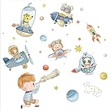 Kibi - Adhesivos de pared espaciales para niños, animales, astronautas, cohetes y planetas, tema de aventura espacial, decoración habitación infantil