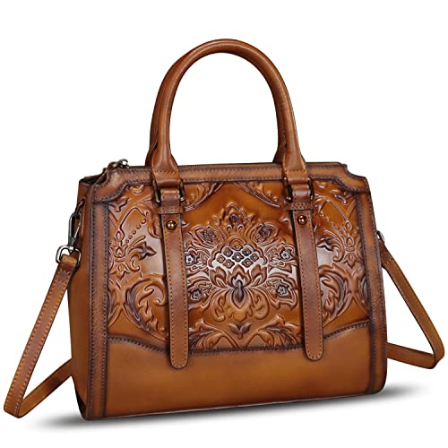 Image of Genuine Leather Satchel for Women Embossed Leather Top Handle Bags Handmade Purse Vintage Crossbody Handbags Hobo Bag