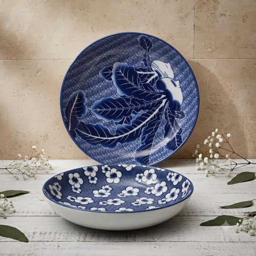 Image of Ceramic Pasta Plate, 20.4 cm Porcelain Dinner Plates, Microwave & Dishwasher Safe, Food Grade Ceramic, Deep Serving Plate for Pasta, Salad, Soup, Curry & Noodles (blue-and-white RANDOM MIX, PACK OF 2)