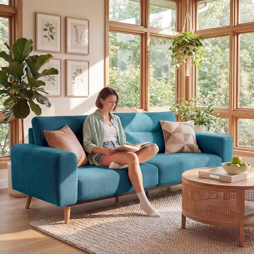 Image of Claiks 81 inch Mid-Century Oversized Loveseat, Corduroy 2-3 Seater Couch, Blue