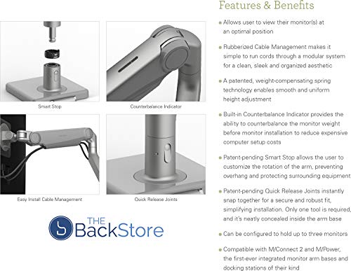 Image of Humanscale M8.1 Adjustable Monitor Arm with Two Piece Clamp Mount and Base - Silver M81CMSBTB