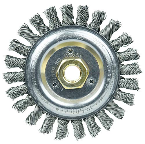 Image of Weiler 09856 Roughneck Jr. 5 inch Filler Pass Weld Cleaning Brush, .023 inch Steel Wire Fill, 5 /8 inch-11 Unc Nut, Made in the USA