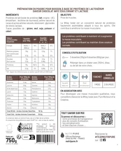Nutripure - Whey Isolate Native - 23g de Protéines - Goût Chocolat - 750 g – vue 6