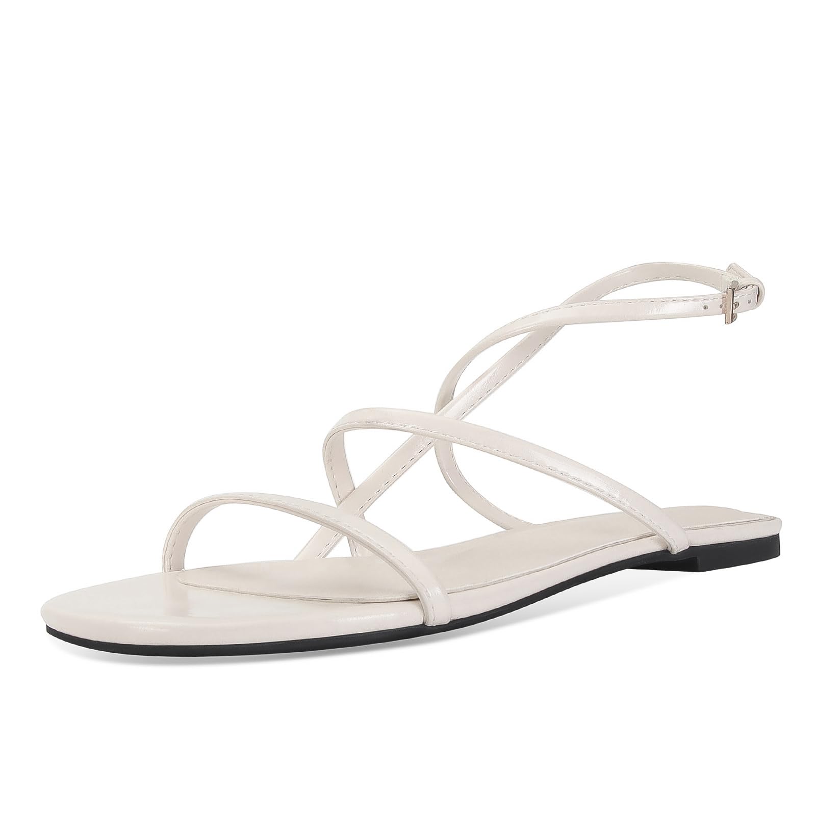 RJYLP White Strappy Flats Sandals for Women Slingback Flats Open Toe Slides Vacation Beach Casual Da