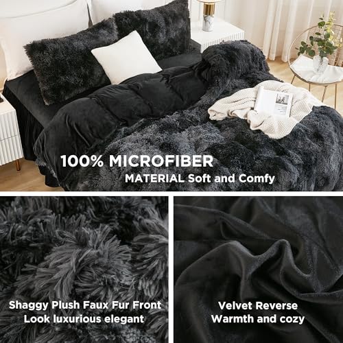 Andency Tie-Dyed Black Grey Comforter King Size, 3 Pieces Fluffy Faux Fur Warm Soft Fuzzy Plush Bedding Comforter Set, Thick Heavy Puffy Comfy Bedding Sets