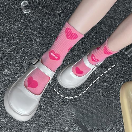 5 Pairs Crew Socks for Women Ankle Women Cotton Socks Cute Pink Hearts Design Novelty Aesthetic Size L & XL2