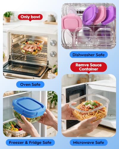 Image of Glass Salad Container,56oz Salad Bowl To Go for Lunch with Airtight Lid,Leak-Proof Sauce Container,4-Compartment Bento Tray & Reusable Fork - BPA-Free Glass Lunch Box for Meal Prep,Office(Blue)
