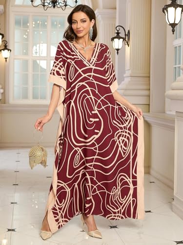 Image of KECVOT Kaftan Dresses for Women V-Neck Print Swimsuit Cover Up Plus Size Beach Caftan Lounge Dress