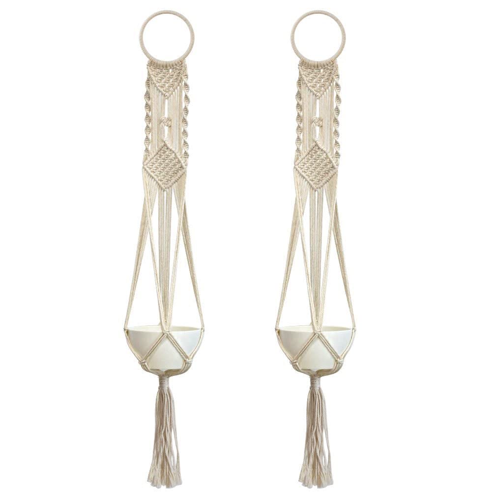 Wagon Brand | Boho Cotton Macrame Ceiling Plant Hanger Indoor Outdoor Hanging Planter Basket, Flower Pots Beautiful Design Suitable for Balcony, Dorm, Living Room, Off-White, Pack of 2, Style-14 (B0CHHLJ3Q8) Amazon Price History, Amazon Price Tracker
