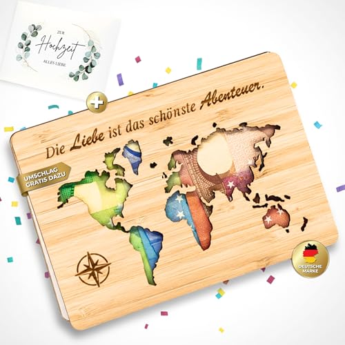 Hochzeitskarte Holz mit Umschlag Geldgeschenk Hochzeit Hochzeitsgeschenke für Brautpaar Karte Hochzeit Hochzeitskarte Geldgeschenk Hochzeitsgeschenk Glückwunschkarte Hochzeit Weltkarte (Hell)