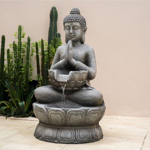 Image of Buddha Freestanding Outdoor Water Fountain, Resin & LED, 32.7 in