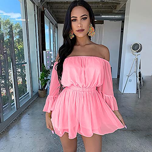 Biubiu Women Fashion Ruffle Flare Sleeve Off Shoulder High-Waisted Chiffon Romper Shorts And Jumpersuit Dresses (Pink,Xl) #TOP3