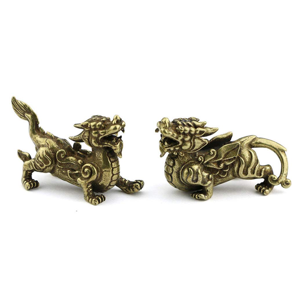 1 Pair Pi Yao Statue Brass Chinese Pi Xiu Kylin Guardian Statue Wealth Lucky Figurine Desktop Ornament Housewarming Congratulatory Gifts