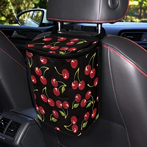 Image of Talayituse Black Cherry Pattern Car Trash Can with Lid, Leak Proof Auto Trash Bag Hanging Vehicle Garbage Can Multipurpose Storage Container for Back Seat Road Trip