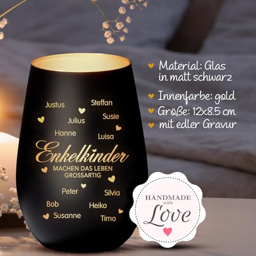 Love Faith Meine Enkelkinder Windlicht Schwarz/Gold - Personalisiertes Windlicht für Teelichter mit Namen-Gravur - Geschenk für Oma & Opa