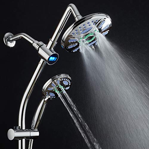Spa Station 34" Drill-Free Slide Bar With 48-Setting Anti-Clog Showerhead Combo & Led Temperature Display / 3-Way Rain & Handheld Shower Head - Height Extension Arm - Stainless Steel Hose – Chrome #TOP1