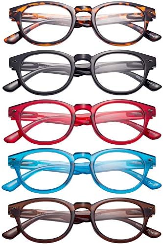 LianSan 5 Pairs Readers Spring Hinged Round Reading Glasses for Men and Women L3712 Black Red Blue Brown Demi