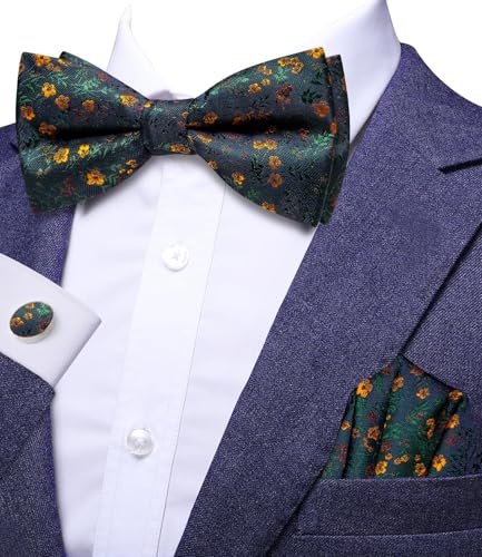 Image of Dubulle Mens Paisley Striped Bowtie Set Pre-tied Bowtie for Men and Pocket Square Set Wedding Business