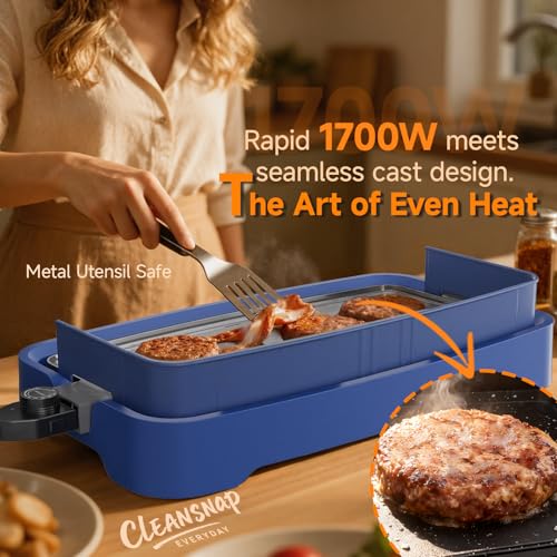 Image of Cleansnap Everyday Electric Griddle,The Ultimate Gift for Family Feasts - 20 inch Nonstick Grill with Foldable Anti-Mess Shield, Rapid 1700W Heat&PPG Ceramic Coating, Dishwasher Safe, Ocean Blue