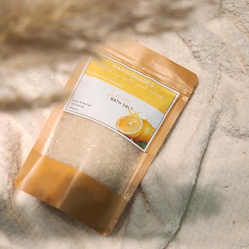 Image of Happishades Bath Salt | For Body & Foot Spa, Calming, Relaxing, Muscle Aches Pain Relief, Aromatherapy | Pure & Natural Epsom, Sea Salt & Essential Oils - 200 grams (Lemon)