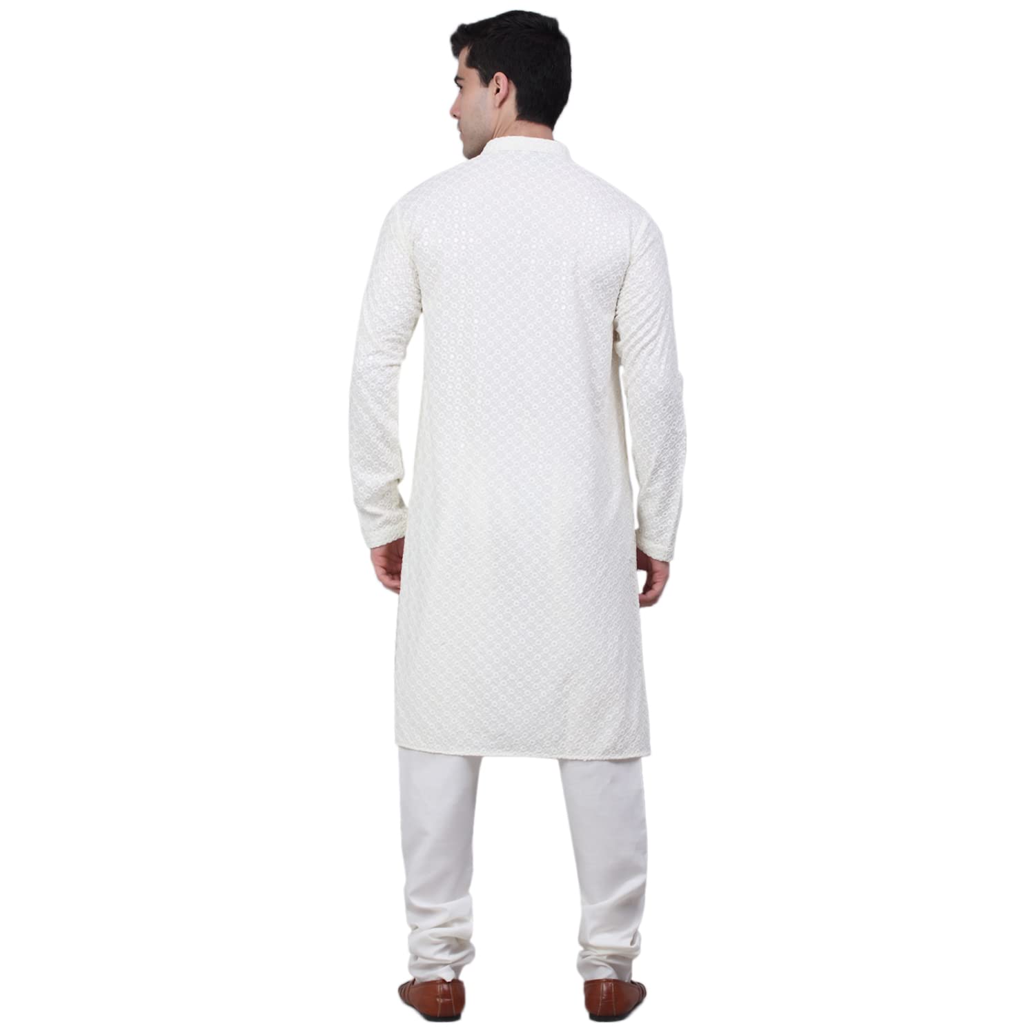 Jompers Men Chikankari Embroidered And Sequence Kurta With Churidar (White, L)