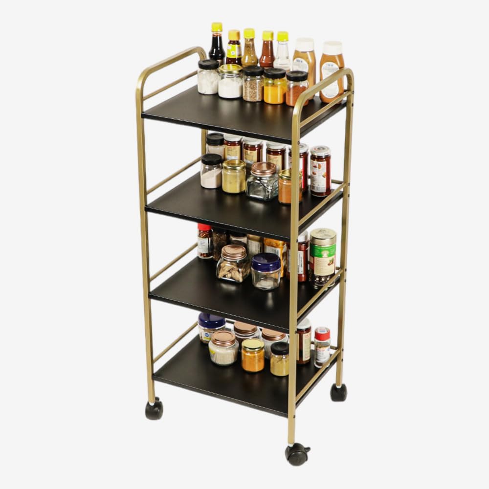DECOWORLD || 4 Tier Premium Metal Rolling Trolley Cart Stand with Wheels|| Multifunctional Stand with Storage Rack Shelves ||Space Saving Stand for Kitchen Bathroom Home and Office (Black & Gold)-image-31