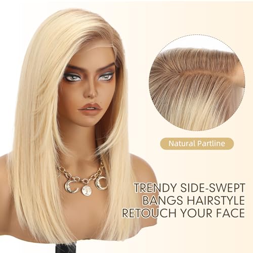 Image of KKU 100% Human Hair Wigs for Women,Real Human Hair Wigs,Side Swept Bangs Lace Front Wig(16 Inch,Ombre Blonde)