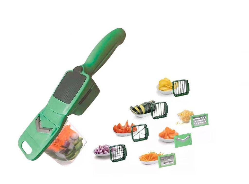 MayMax Cortador de Verduras 8 en 1 con Cuchillas Intercambiables, Rallador y Mandolina Manual con Recipiente y Protector de Manos, para Cocina