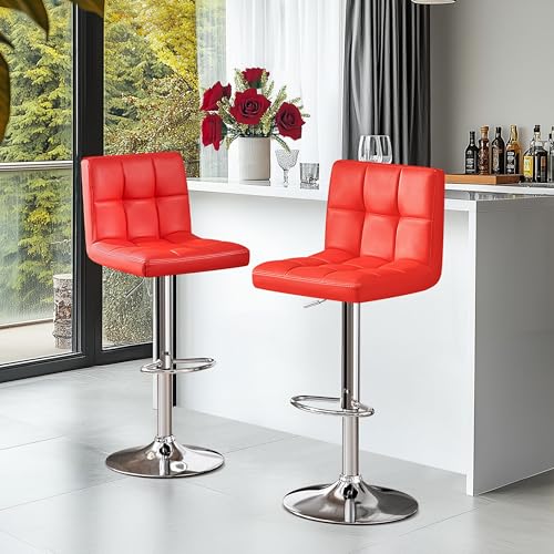 Image of Yaheetech Bar Stools Set of 2, Adjustable PU Leather Swivel Barstools, Modern Counter Stools with Back and Footrest, Counter Height Barstools for Bar, Kitchen, Dining Room, Red