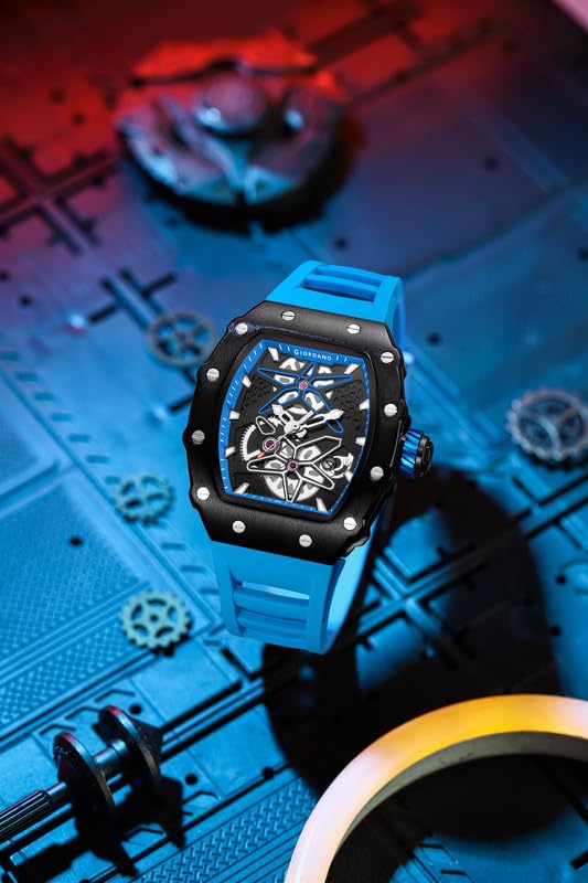 Image of Giordano Analog Skeleton Dial Watch for Men - Tonneau Case, Silicone Strap, Open-Gear Sport Design, Quartz Movement