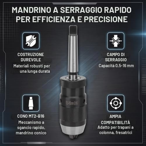 Mandrino per Trapano Senza Chiave Cono Morse a Sgancio Rapido 0,5-16 Mm Adatto per Trapani a Colonna, Fresatrici e Torni